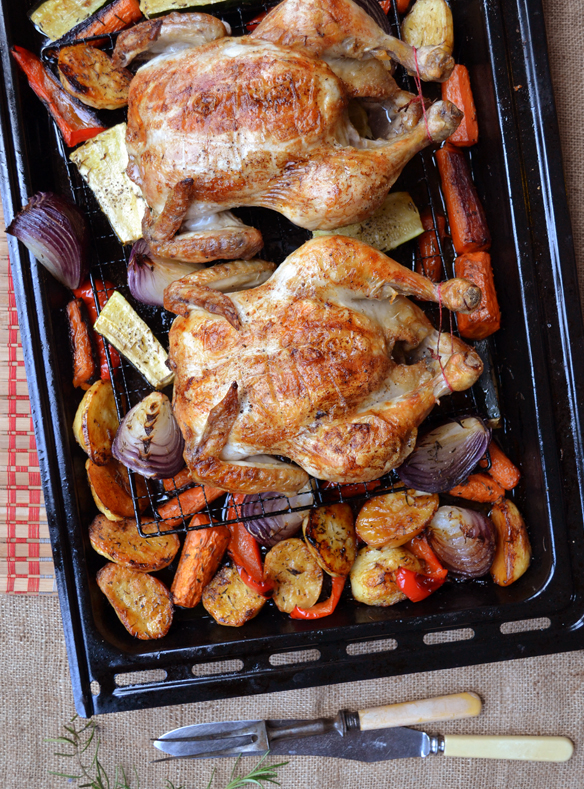 Two roast chickens and herbed veggies. One Equals Two.