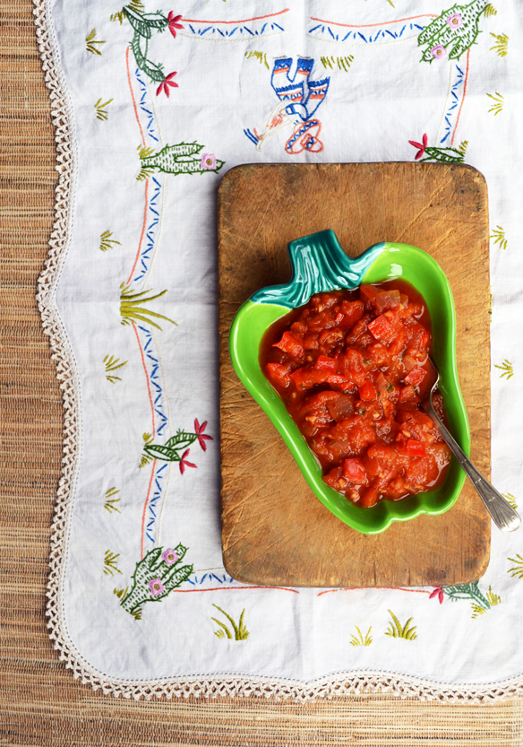 Chunky cooked tomato and red pepper salsa. One Equals Two.